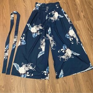 Simplee Wide Leg Pants Womens Size S Belted Blue Floral